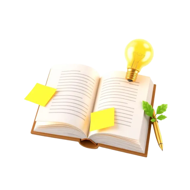 Open book with highlighted notes and a light bulb