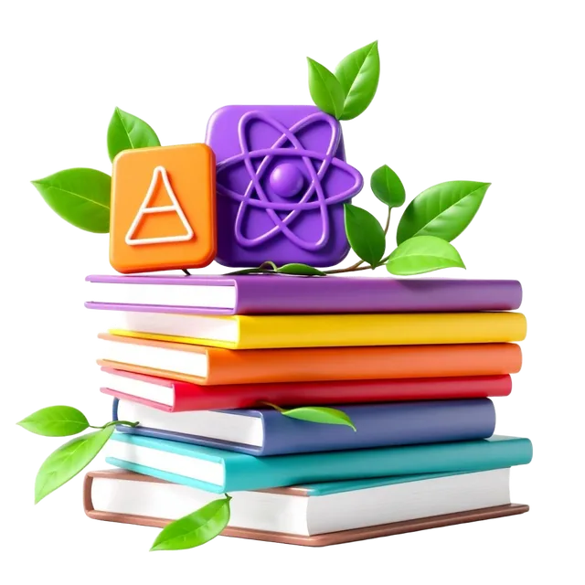 Stack of school books with science icons
