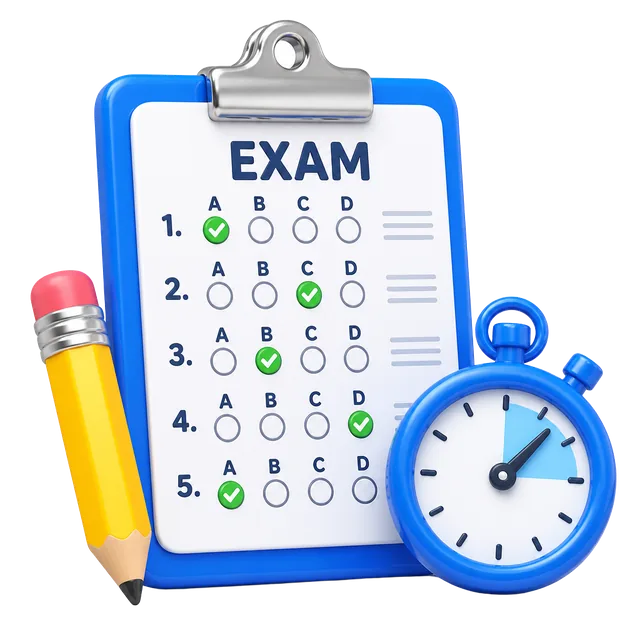 Exam clipboard with answer sheet and stopwatch